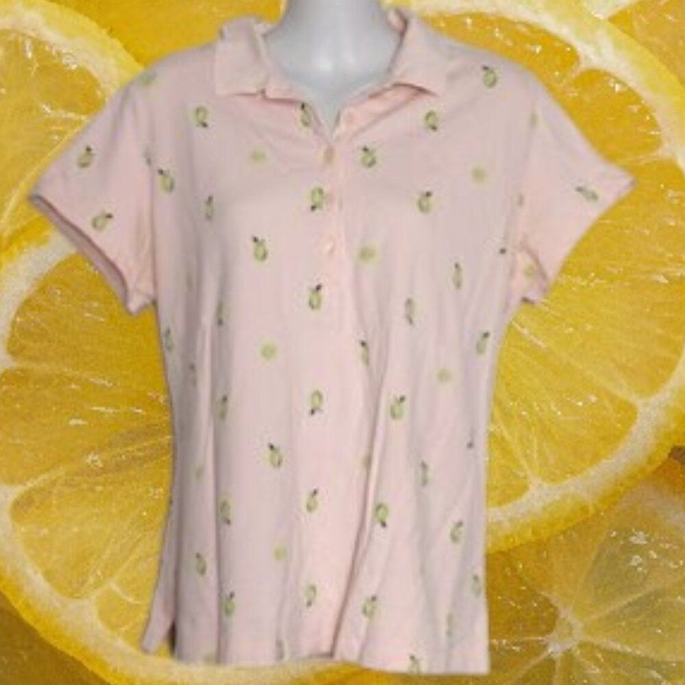 Lands' End Light Pink Button Down Golf Tee Shirt with Citrus Pattern Size 14-16